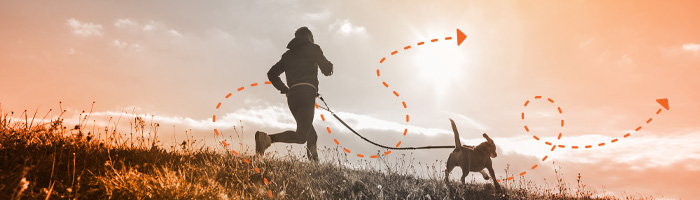 A person jogs with a dog in a field.