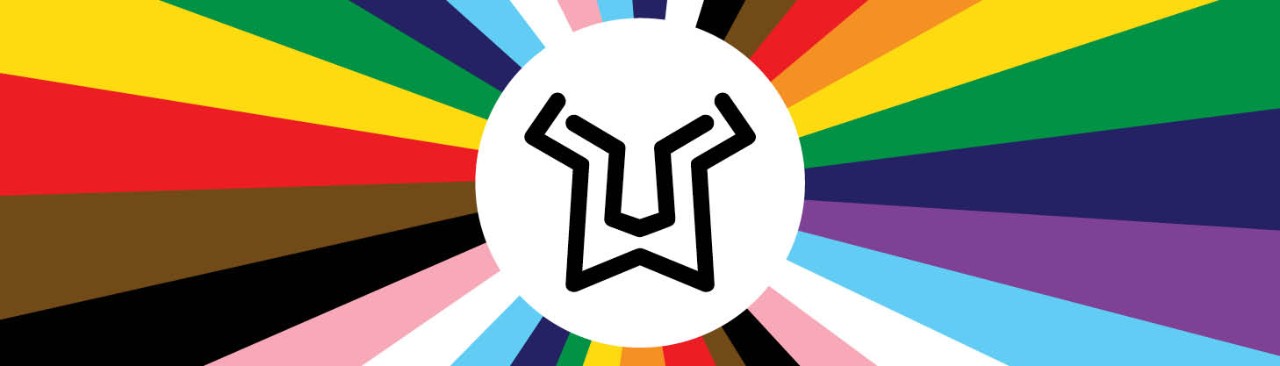 rayas con los colores del arcoíris con el logotipo de Lionbridge
