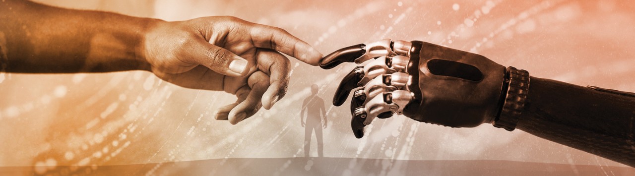 Human and machine hands reach out to one another, pointer fingers touching, with a human silhouette in the background. 